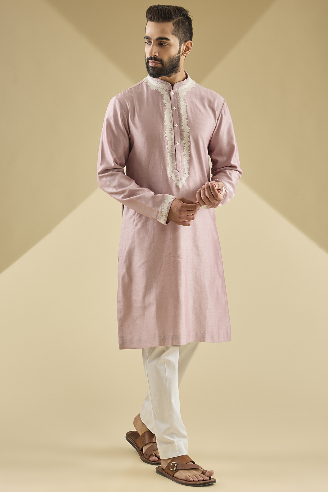 Old Rose Chanderi Hand Embroidered Kurta Set by Countrymade