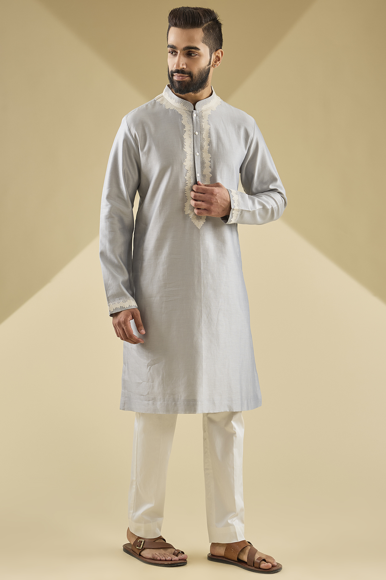 Silver Chanderi Hand Embroidered Kurta Set by Countrymade