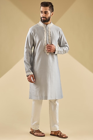 Silver Chanderi Hand Embroidered Kurta Set by Countrymade
