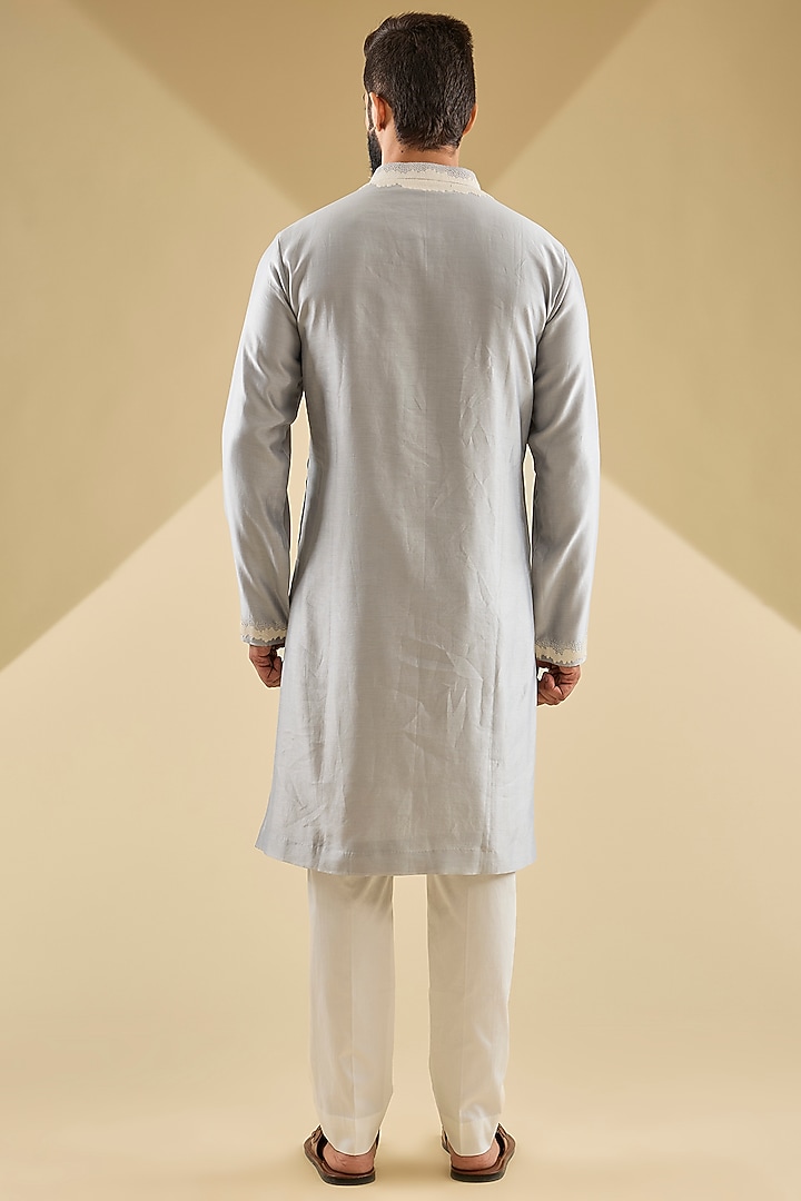 Silver Chanderi Hand Embroidered Kurta Set by Countrymade at Pernia's Pop Up Shop