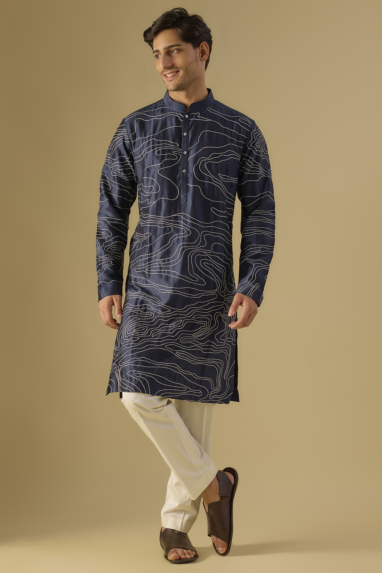 Navy Blue Chanderi Embroidered Kurta Set by Countrymade