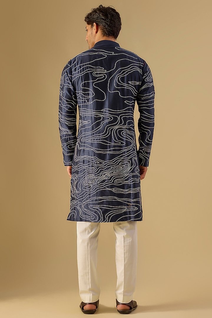Navy Blue Chanderi Embroidered Kurta Set by Countrymade at Pernia's Pop Up Shop