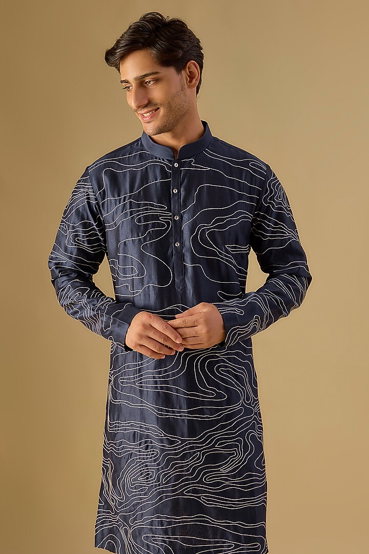 Navy Blue Chanderi Embroidered Kurta Set by Countrymade at Pernia's Pop Up Shop
