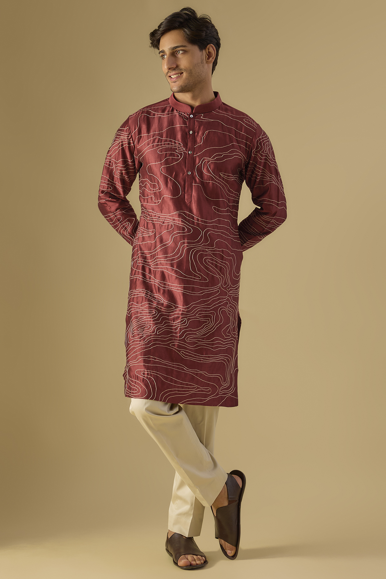 Red Chanderi Embroidered Kurta Set by Countrymade