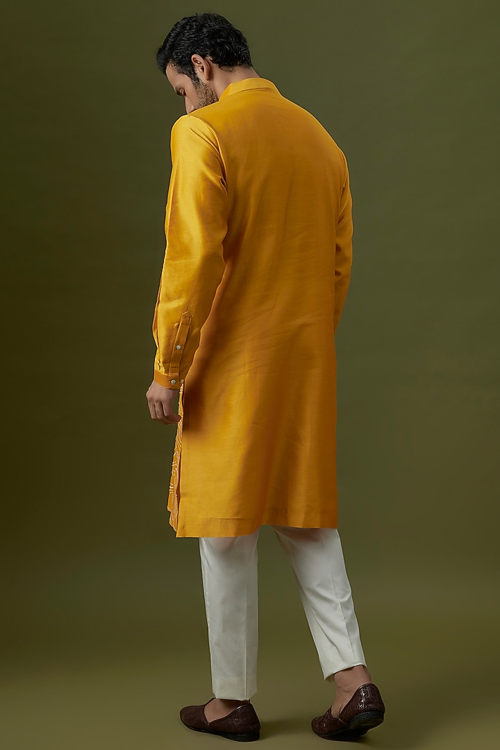 Mustard Chanderi Hand Embroidered Kurta Set by Countrymade at Pernia's Pop Up Shop