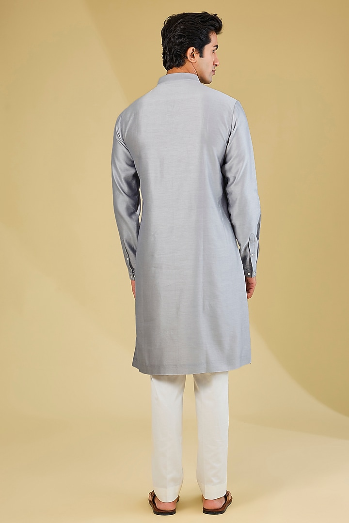 Silver Chanderi Hand Embroidered Kurta Set by Countrymade at Pernia's Pop Up Shop