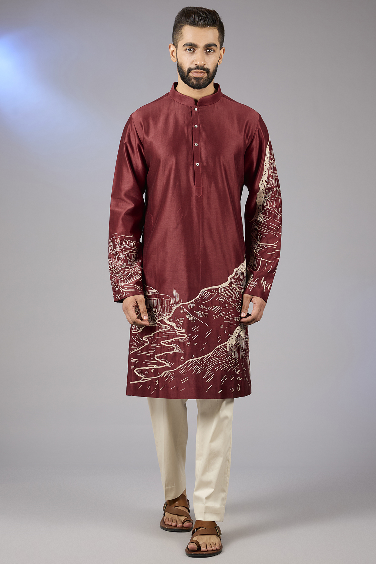 Red Chanderi Hand Embroidered Kurta Set by Countrymade