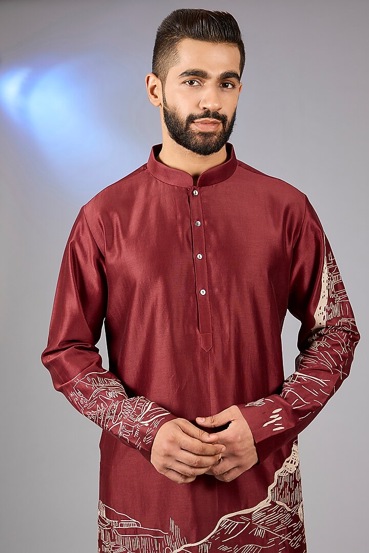 Red Chanderi Hand Embroidered Kurta Set by Countrymade at Pernia's Pop Up Shop
