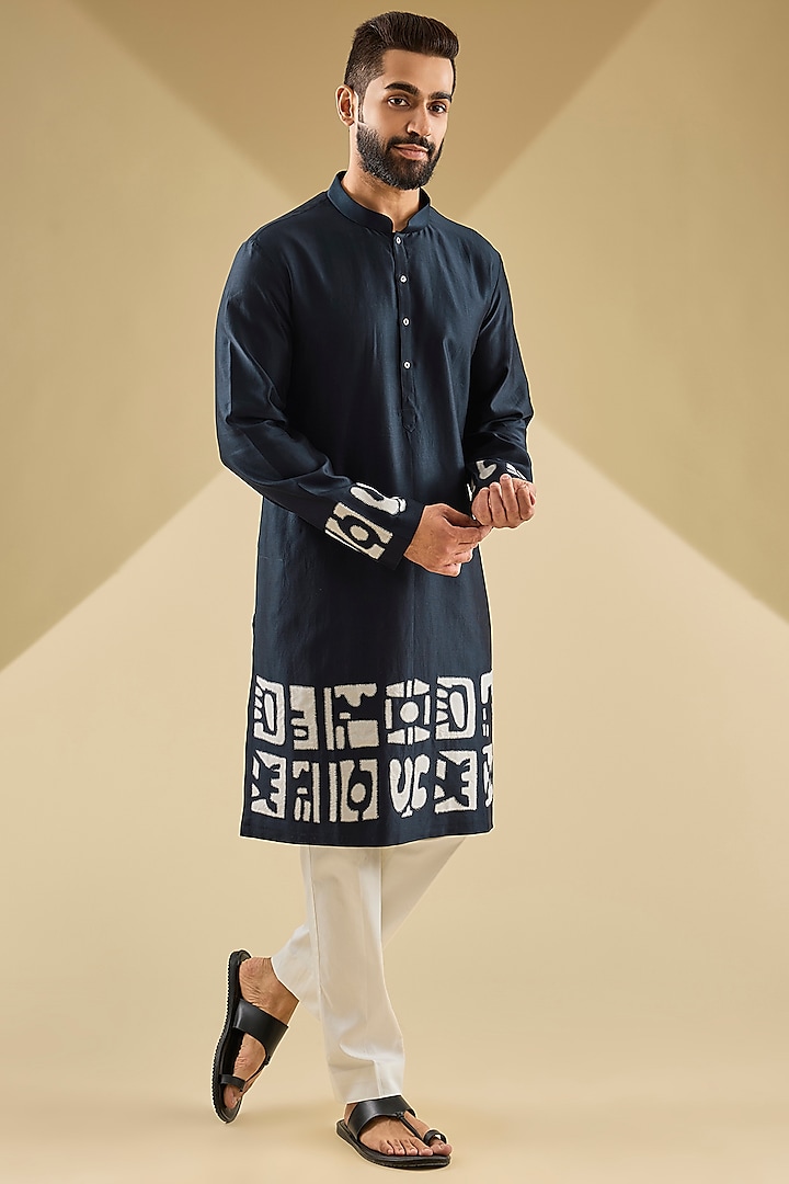Navy Chanderi Embroidered Kurta Set by Countrymade at Pernia's Pop Up Shop