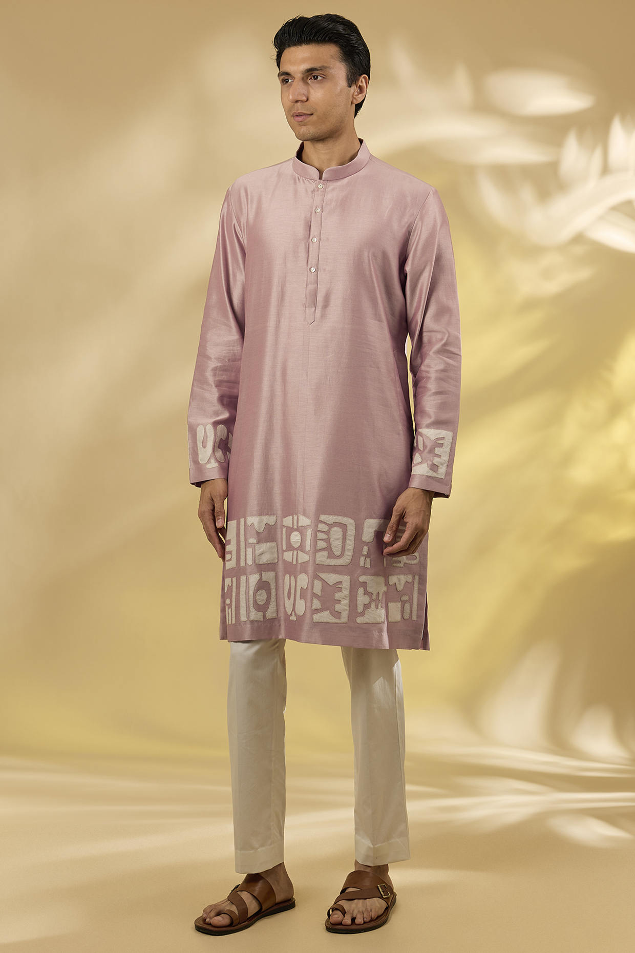 Old Rose Pink Chanderi Embroidered Kurta Set by Countrymade