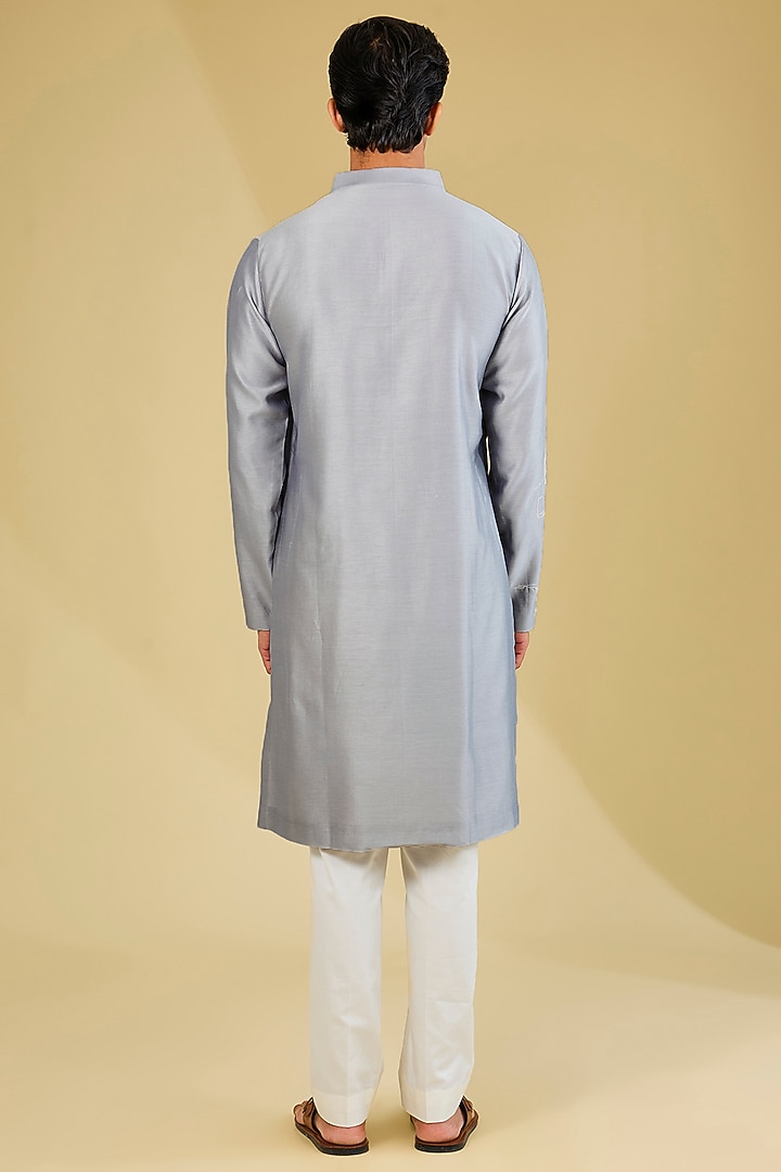 Silver Chanderi Hand Embroidered Kurta Set by Countrymade at Pernia's Pop Up Shop