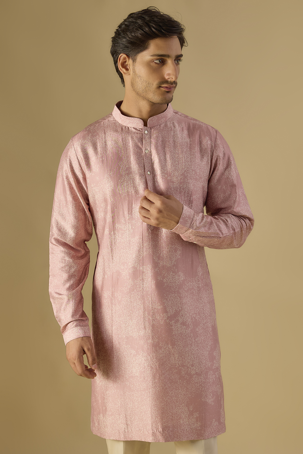 Old Rose Silk Printed Kurta by Countrymade