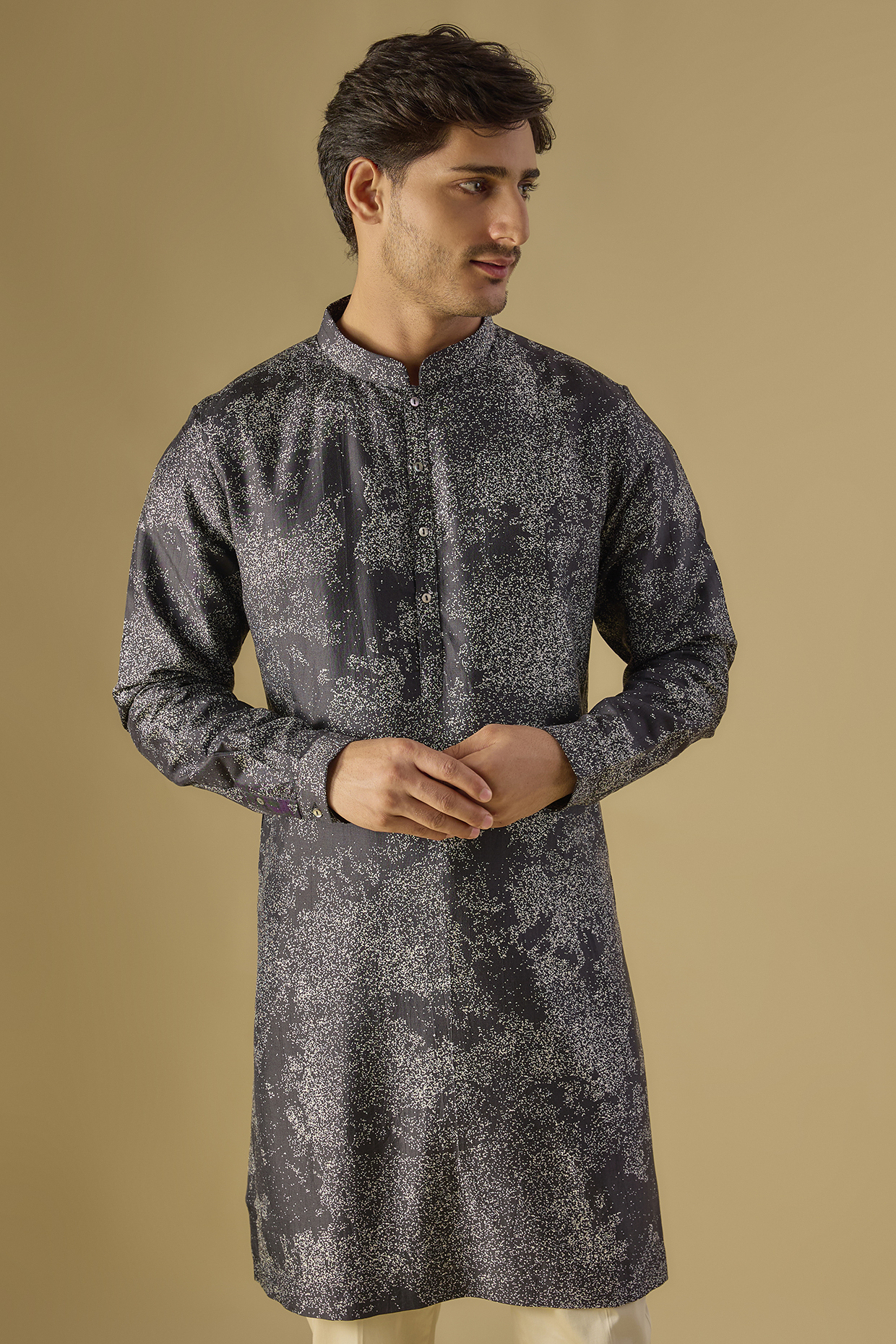 Black Silk Printed Kurta by Countrymade