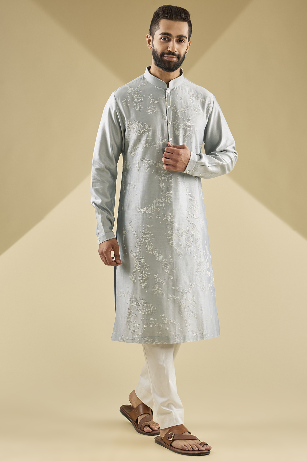 Silver Chanderi Hand Embroidered Kurta Set by Countrymade