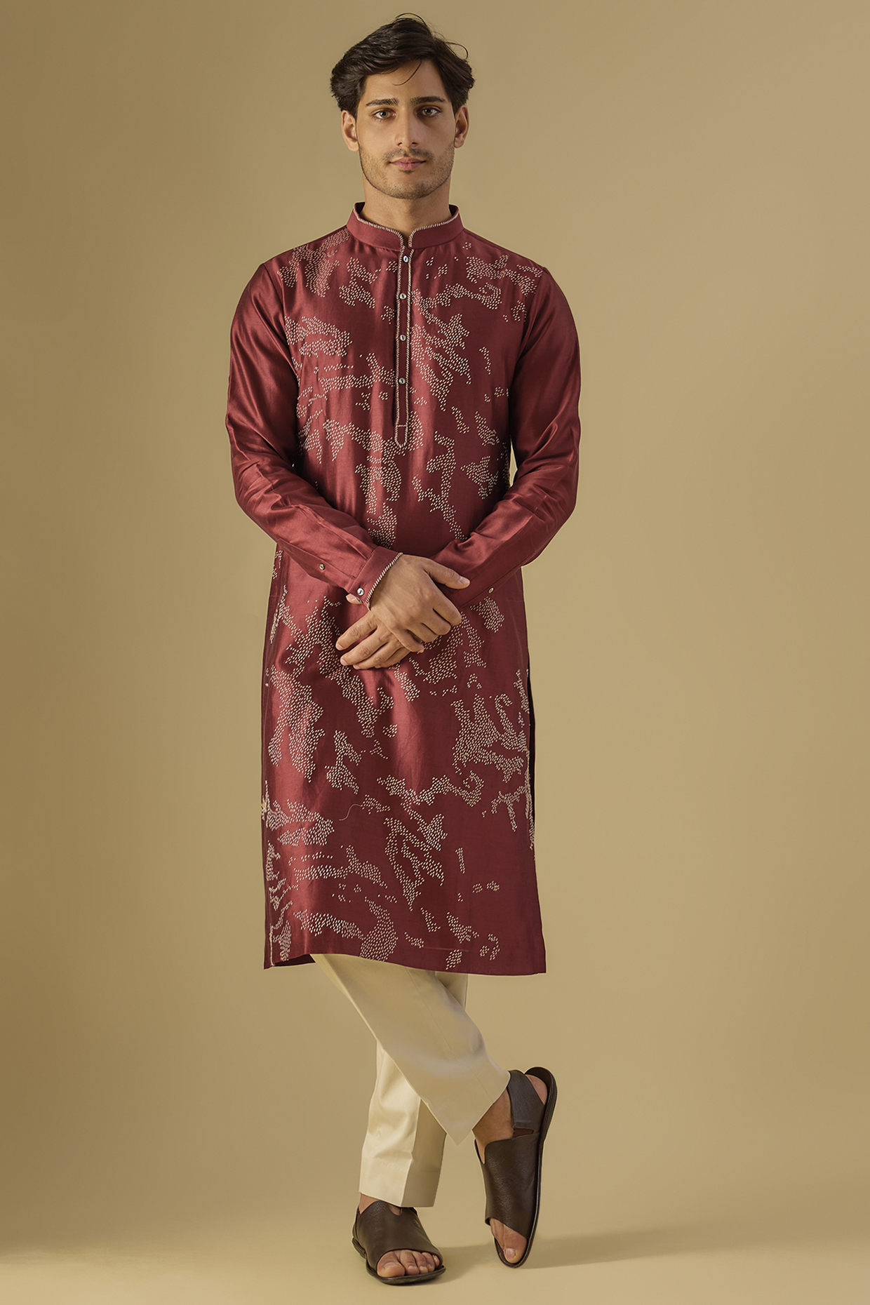 Red Chanderi Embroidered Kurta Set by Countrymade
