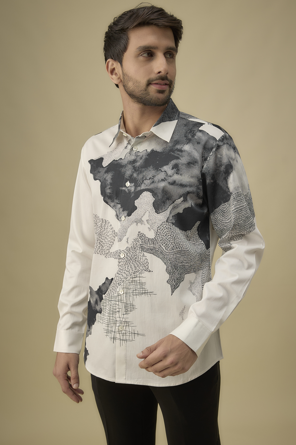Ivory Cotton Satin Digital Printed Shirt by Countrymade