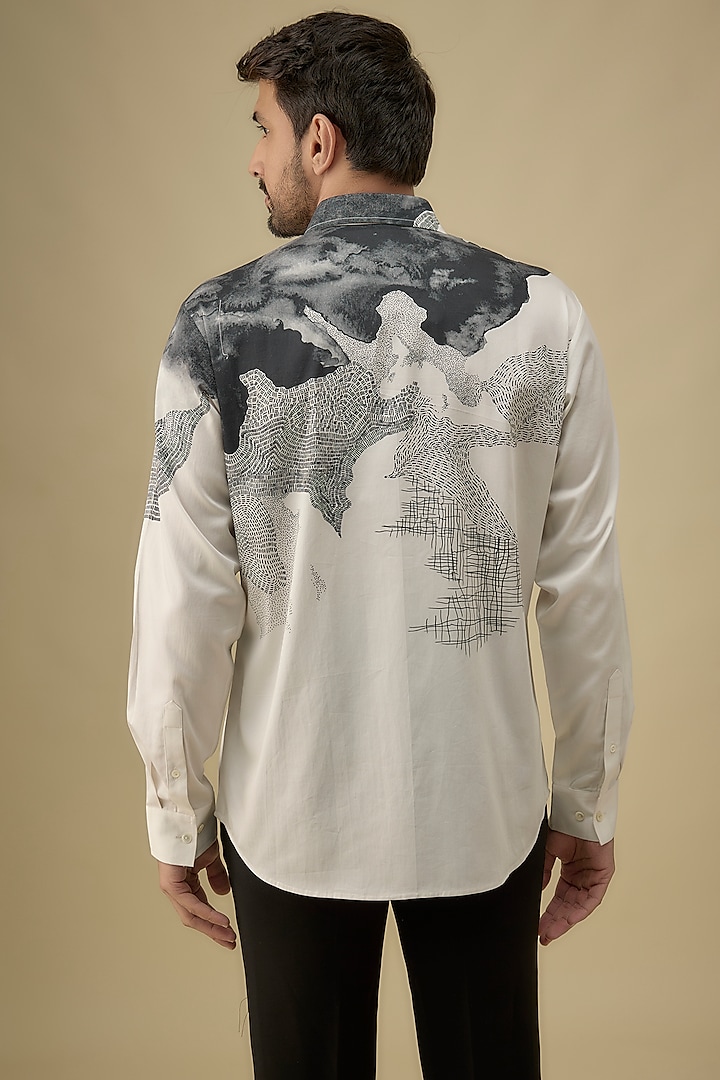 Ivory Cotton Satin Digital Printed Party Wear Shirt by Countrymade at Pernia's Pop Up Shop