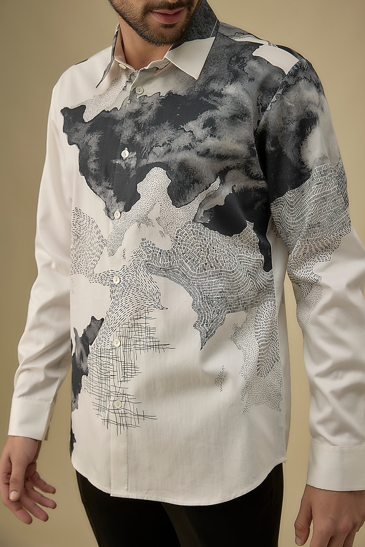 Ivory Cotton Satin Digital Printed Party Wear Shirt by Countrymade at Pernia's Pop Up Shop