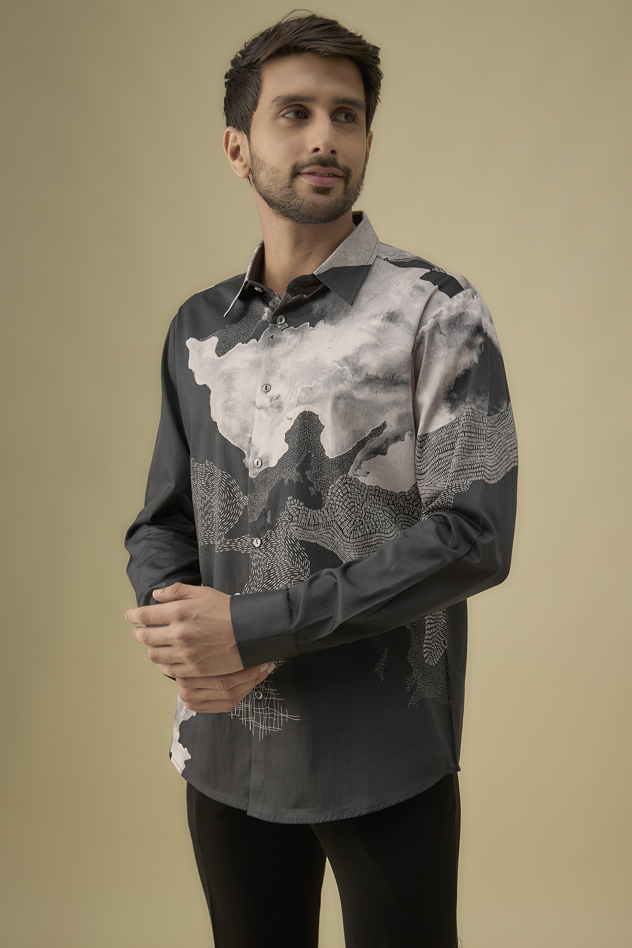 Black Cotton Satin Digital Printed Reverse Shirt by Countrymade