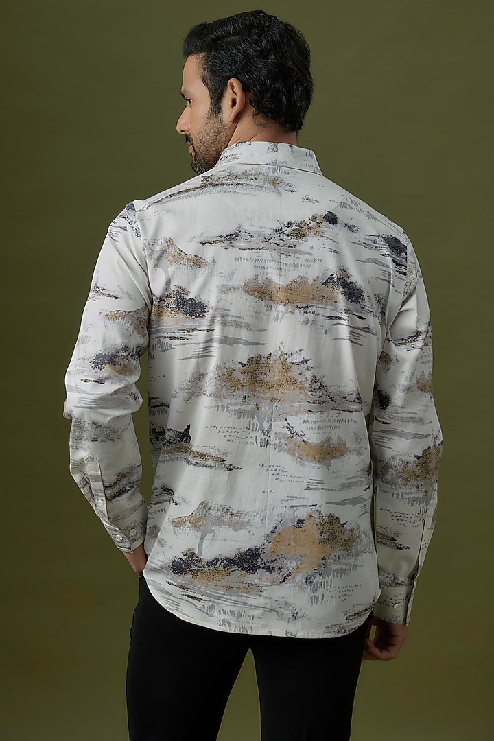 Ivory Cotton Satin Printed Party Wear Shirt by Countrymade at Pernia's Pop Up Shop