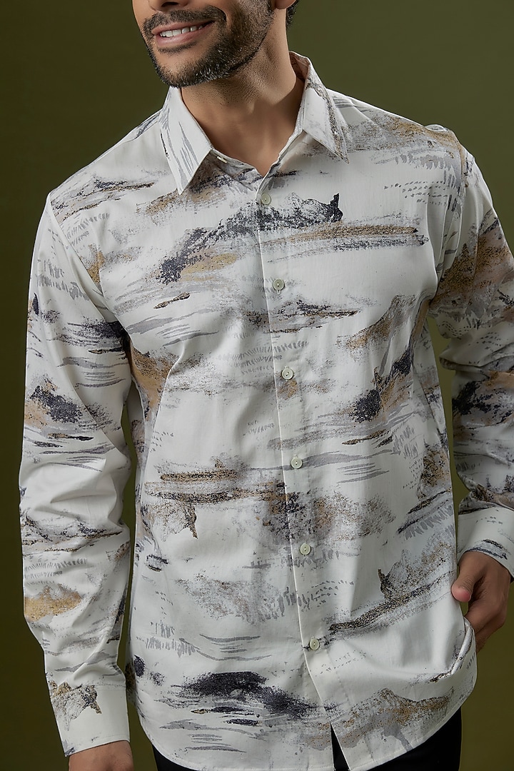 Ivory Cotton Satin Printed Party Wear Shirt by Countrymade at Pernia's Pop Up Shop
