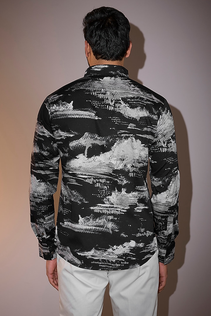Black Cotton Satin Printed Party Wear Shirt by Countrymade at Pernia's Pop Up Shop