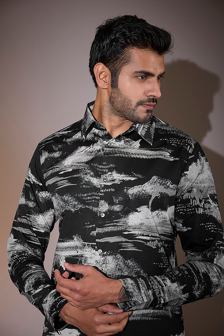Black Cotton Satin Printed Party Wear Shirt by Countrymade at Pernia's Pop Up Shop