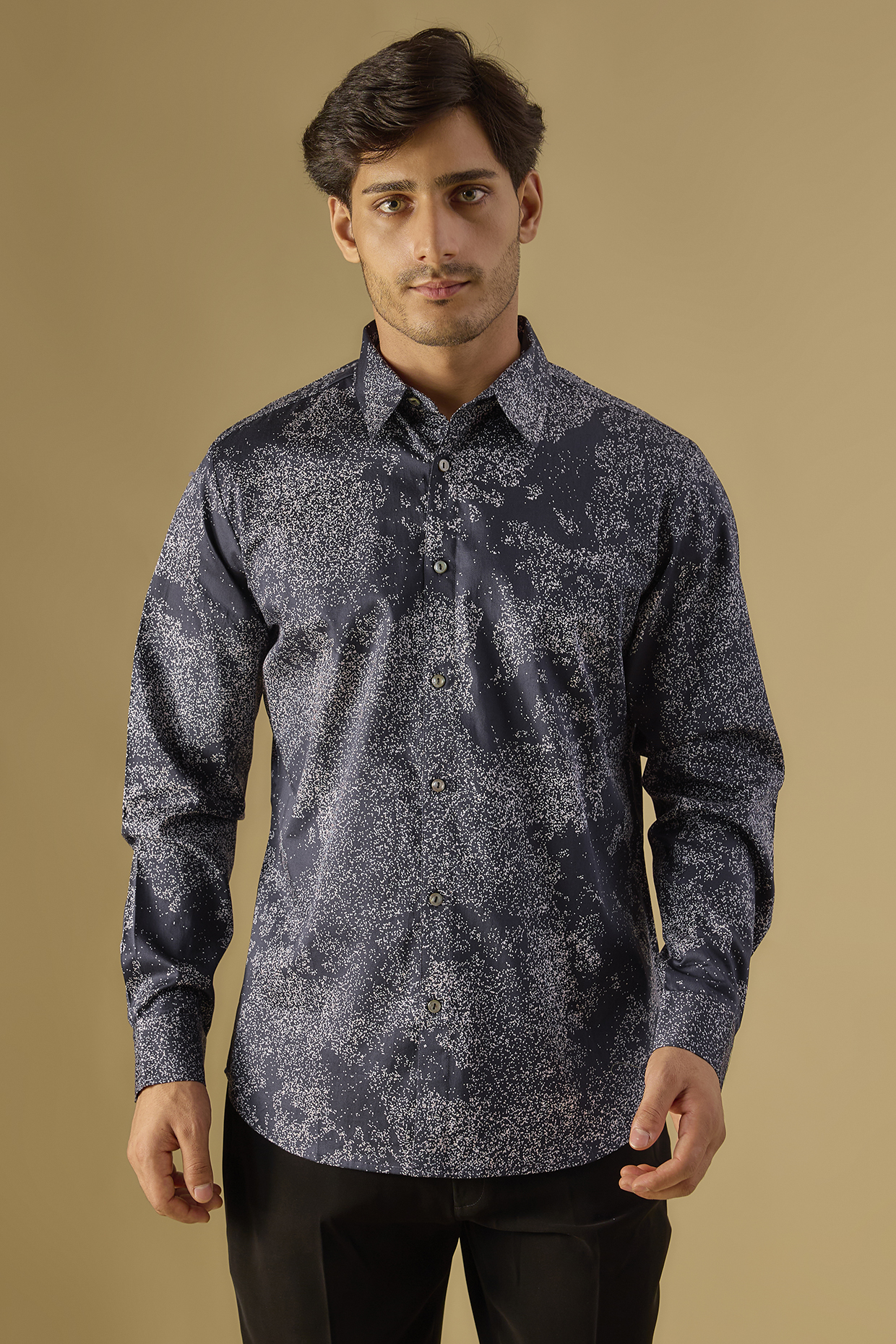 Navy Blue Cotton Satin Printed Shirt by Countrymade