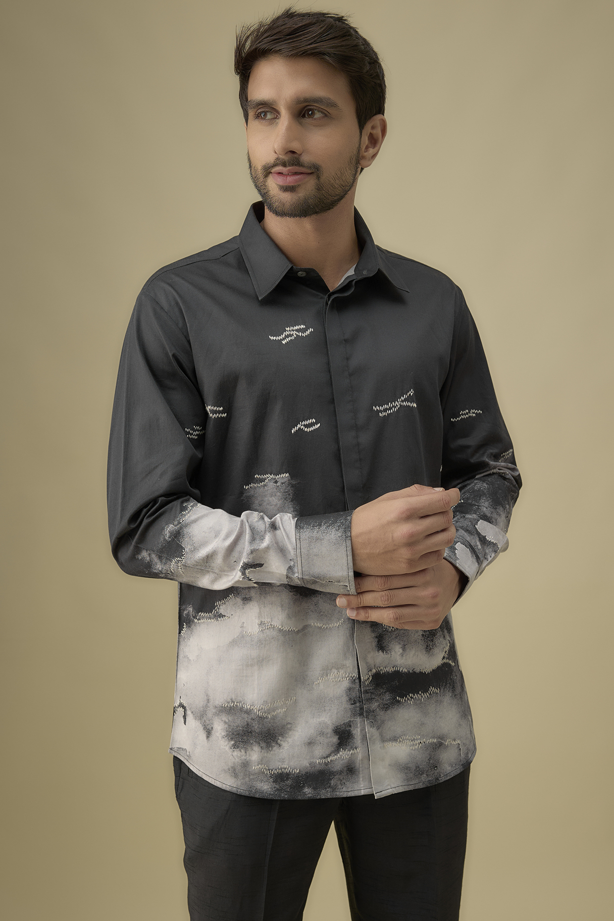 Black Cotton Satin Digital Printed Shirt by Countrymade