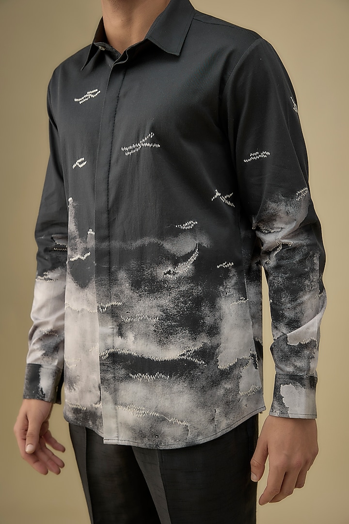 Black Cotton Satin Digital Printed Wedding Shirt by Countrymade at Pernia's Pop Up Shop