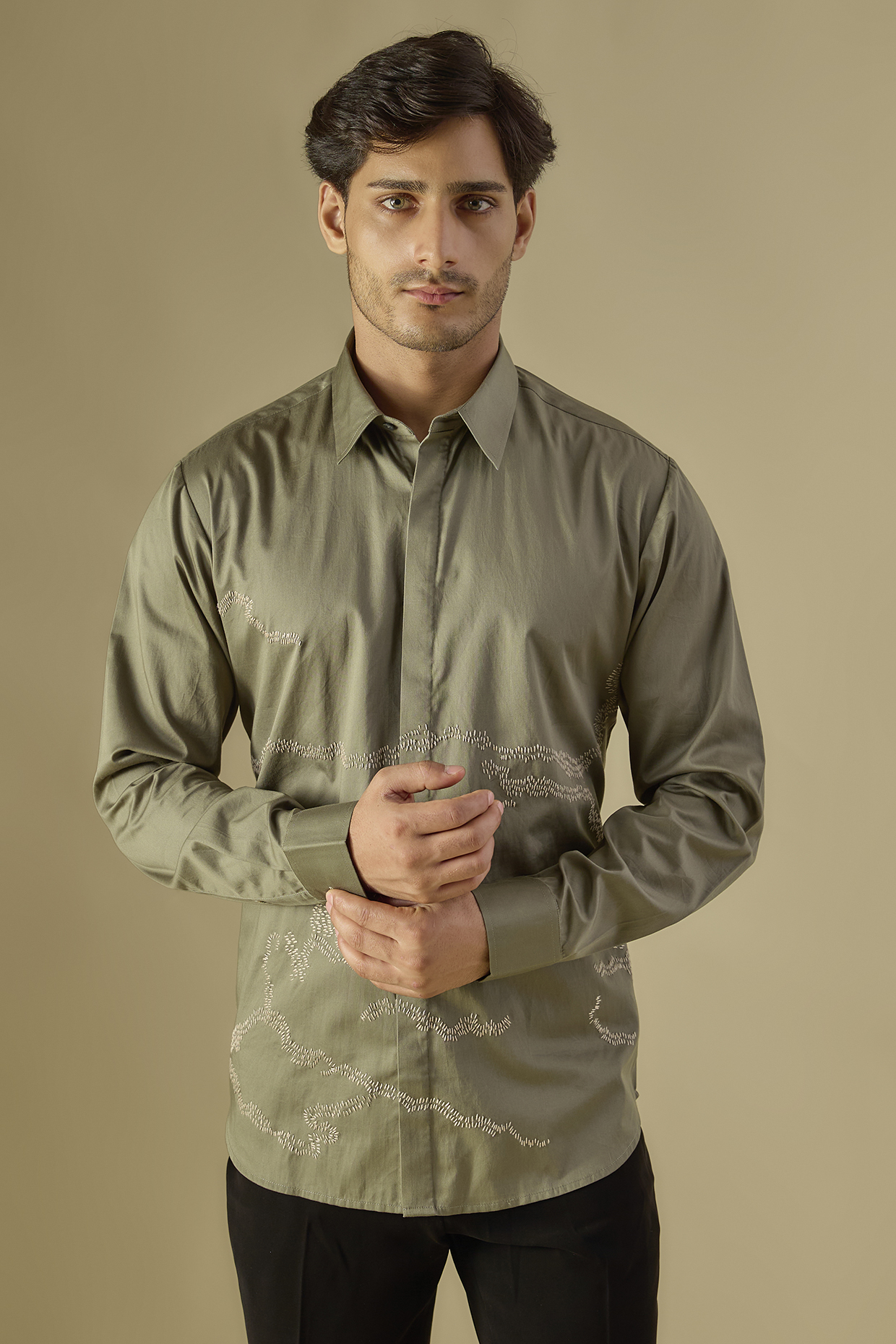 Olive Green Cotton Satin Hand Embroidered Shirt by Countrymade