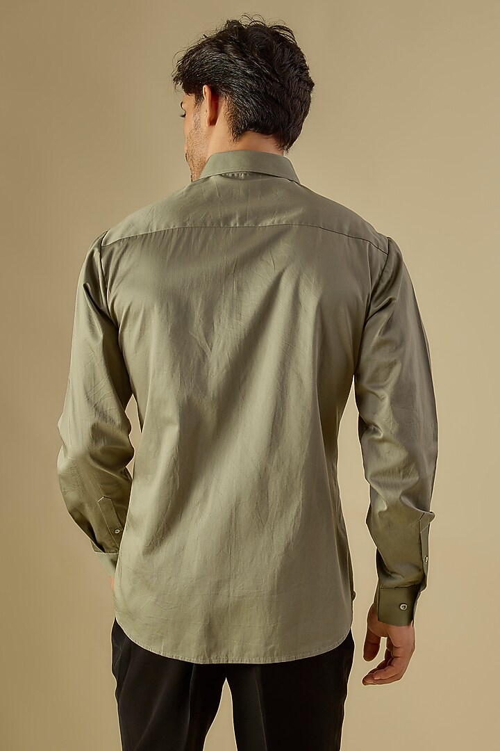 Olive Green Cotton Satin Hand Embroidered Party Wear Shirt by Countrymade at Pernia's Pop Up Shop