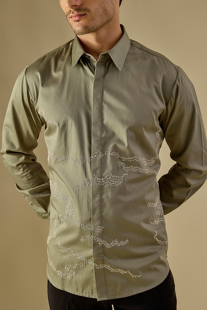 Olive Green Cotton Satin Hand Embroidered Party Wear Shirt by Countrymade at Pernia's Pop Up Shop