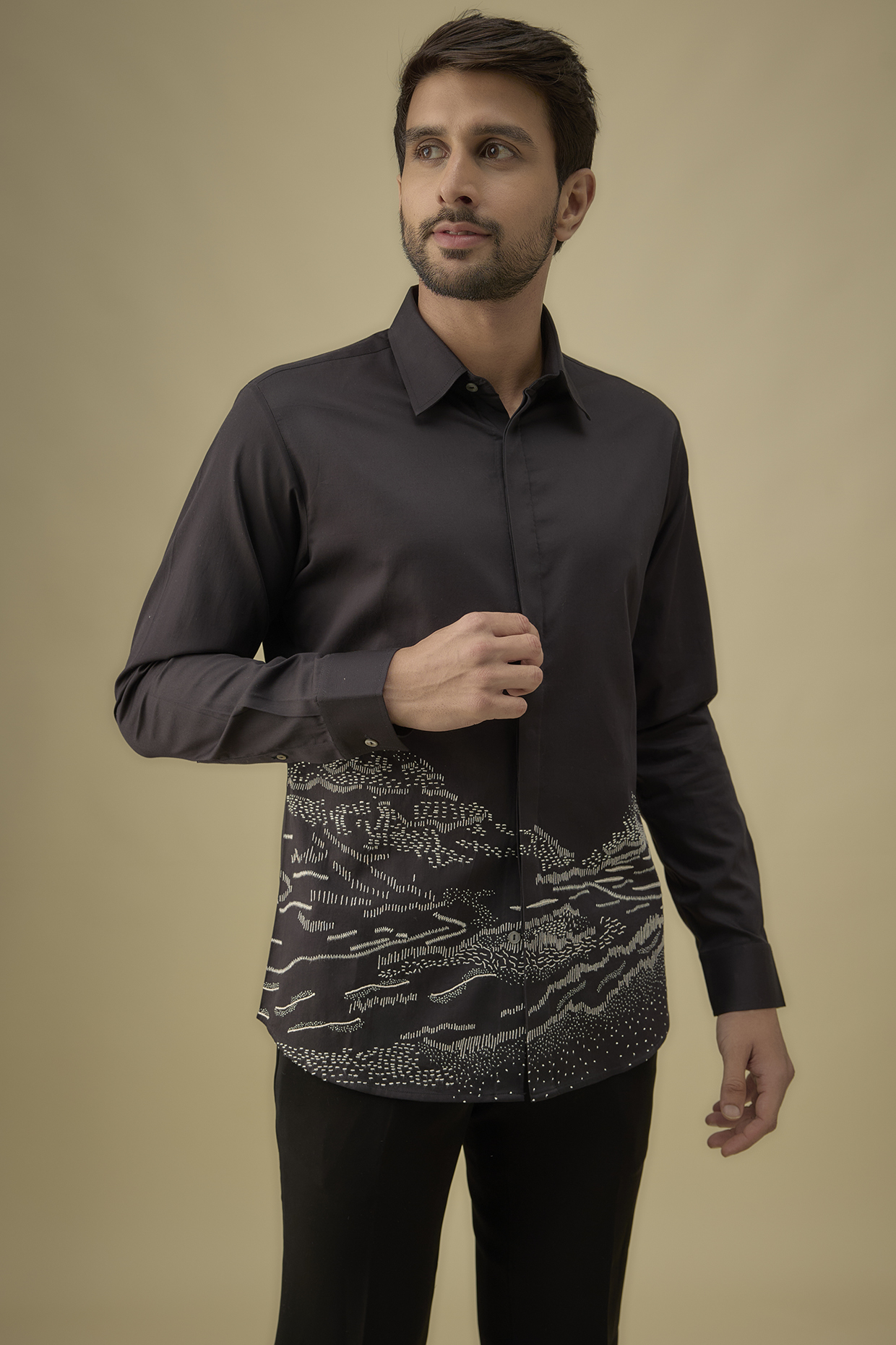 Black Cotton Satin Thread Embroidered Shirt by Countrymade