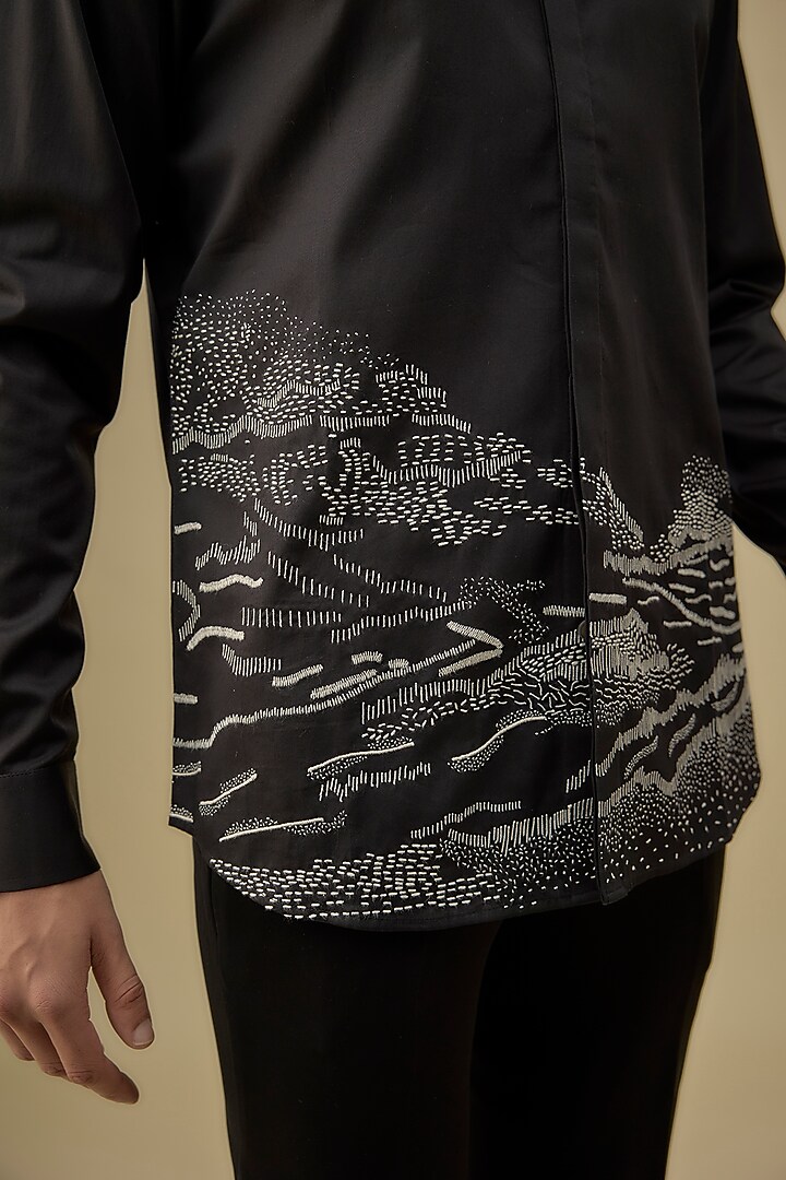 Black Cotton Satin Thread Embroidered Party Wear Shirt by Countrymade at Pernia's Pop Up Shop