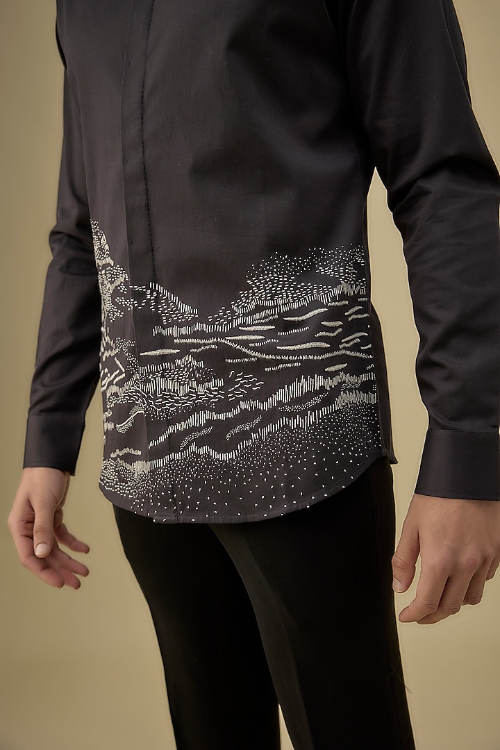 Black Cotton Satin Thread Embroidered Party Wear Shirt by Countrymade at Pernia's Pop Up Shop