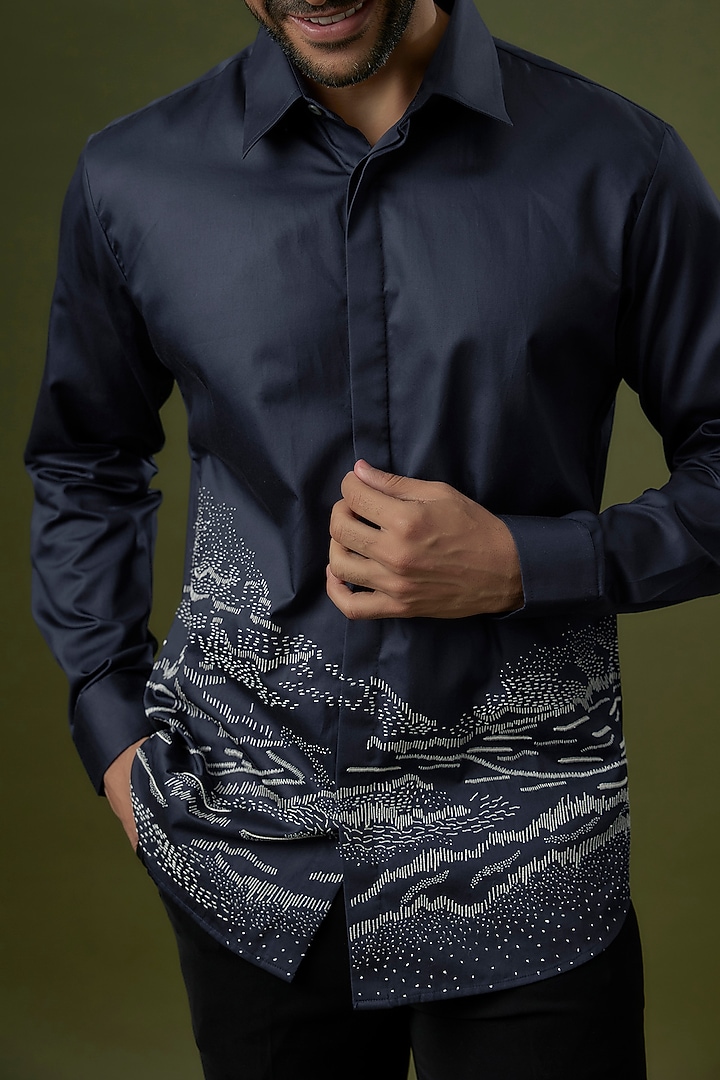 Navy Cotton Hand Embroidered Party Wear Shirt by Countrymade at Pernia's Pop Up Shop