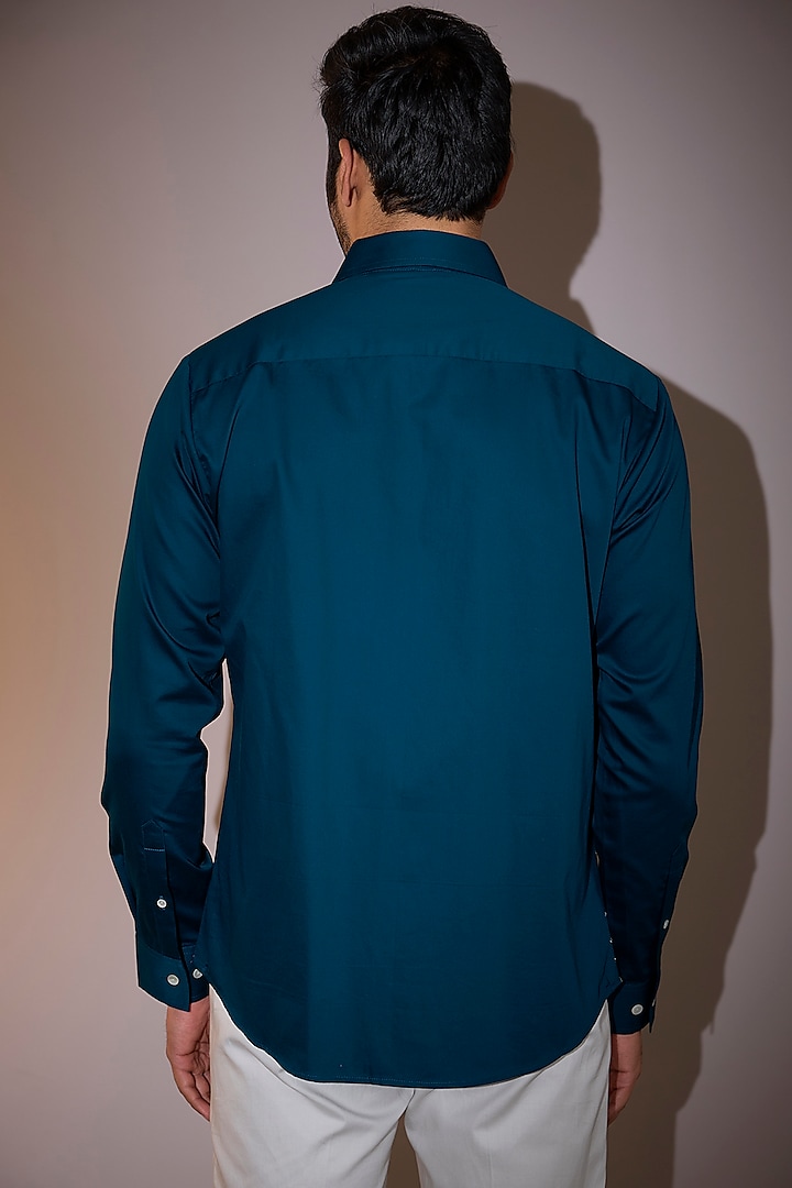 Teal Cotton Satin Hand Embroidered Party Wear Shirt by Countrymade at Pernia's Pop Up Shop