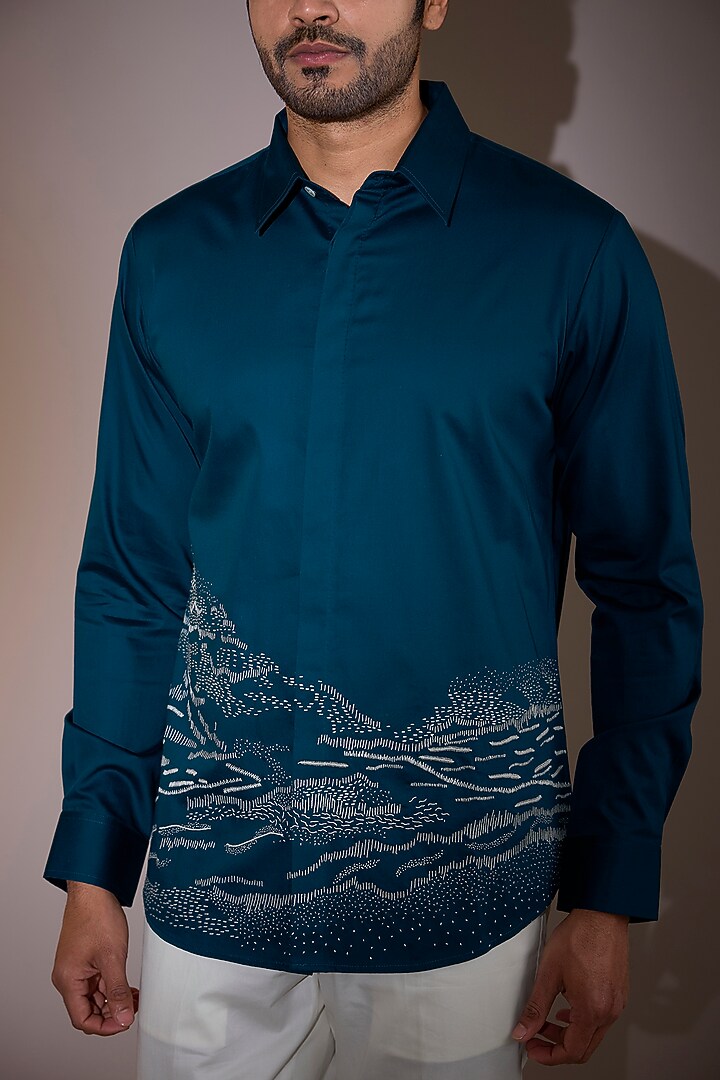 Teal Cotton Satin Hand Embroidered Party Wear Shirt by Countrymade at Pernia's Pop Up Shop