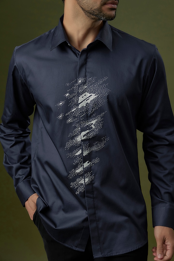 Navy Cotton Hand Embroidered Party Wear Shirt by Countrymade at Pernia's Pop Up Shop