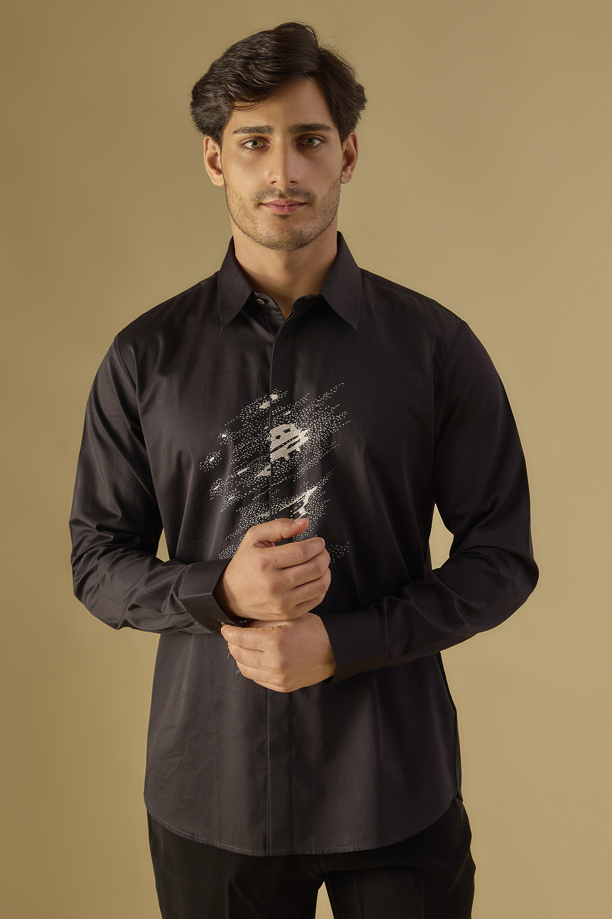Black Cotton Satin Hand Embroidered Shirt by Countrymade