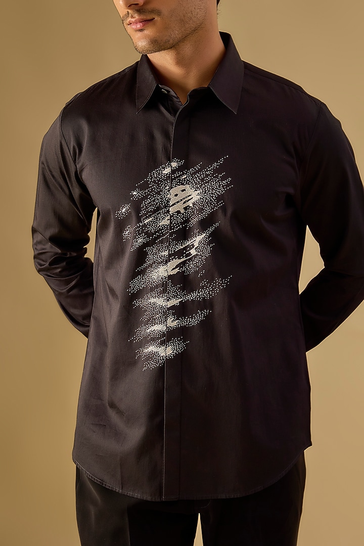Black Cotton Satin Hand Embroidered Party Wear Shirt by Countrymade at Pernia's Pop Up Shop