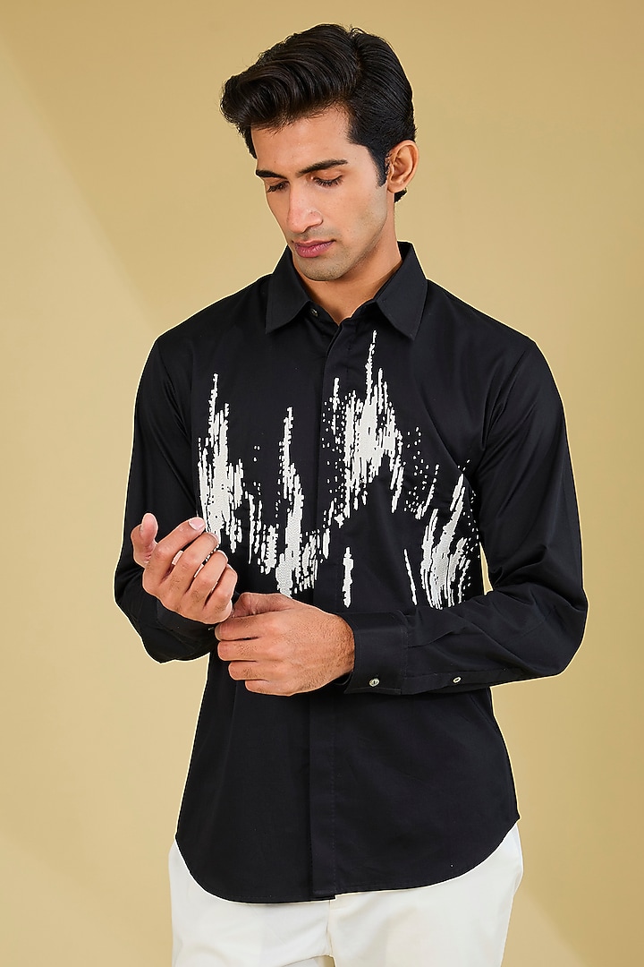 Black Cotton Satin Thread Embroidered Shirt by Countrymade at Pernia's Pop Up Shop