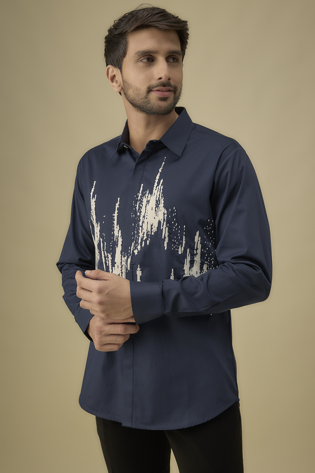 Navy Cotton Satin Thread Embroidered Shirt by Countrymade