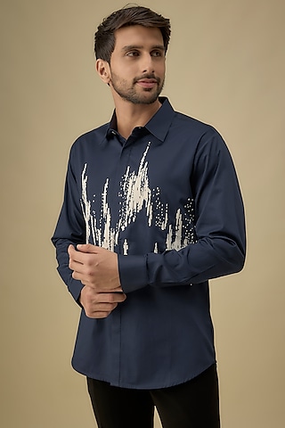 Navy Cotton Satin Thread Embroidered Shirt by Countrymade