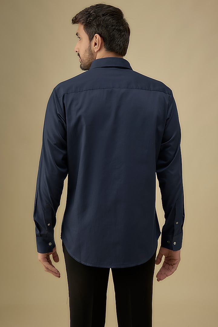 Navy Cotton Satin Thread Embroidered Party Wear Shirt by Countrymade at Pernia's Pop Up Shop