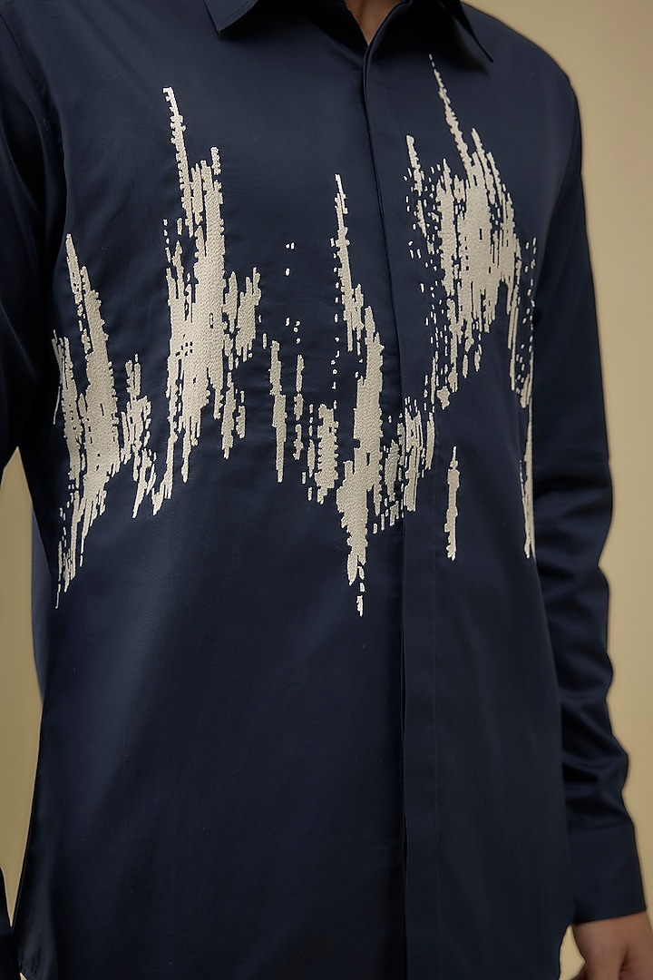 Navy Cotton Satin Thread Embroidered Party Wear Shirt by Countrymade at Pernia's Pop Up Shop