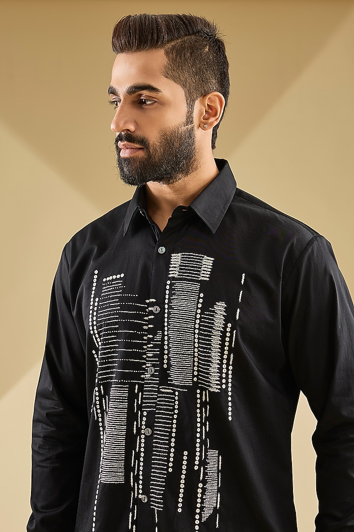 Black cotton satin hand embroidered Wedding Shirt by Countrymade at Pernia's Pop Up Shop