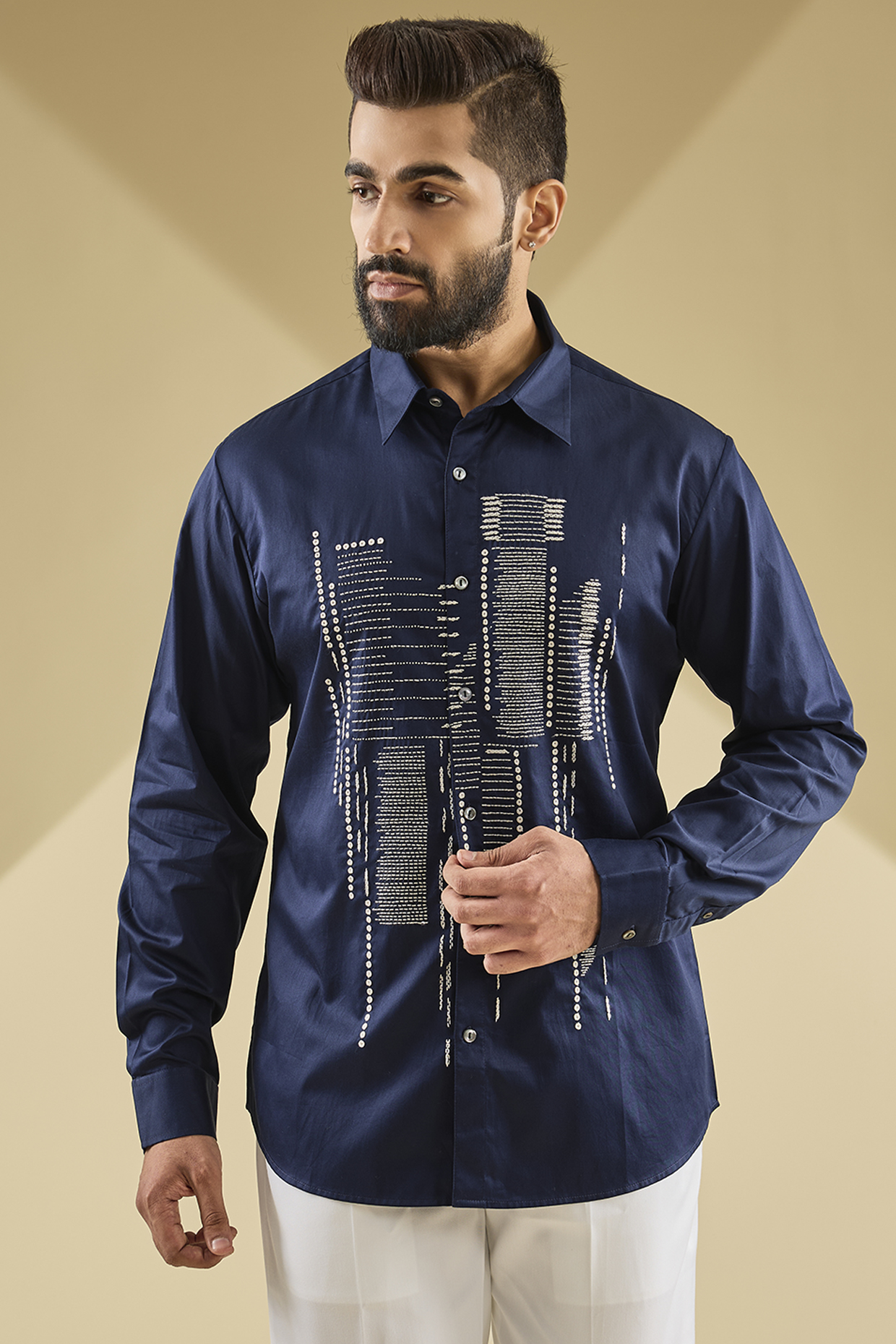 Navy Silk Printed Shirt by Countrymade