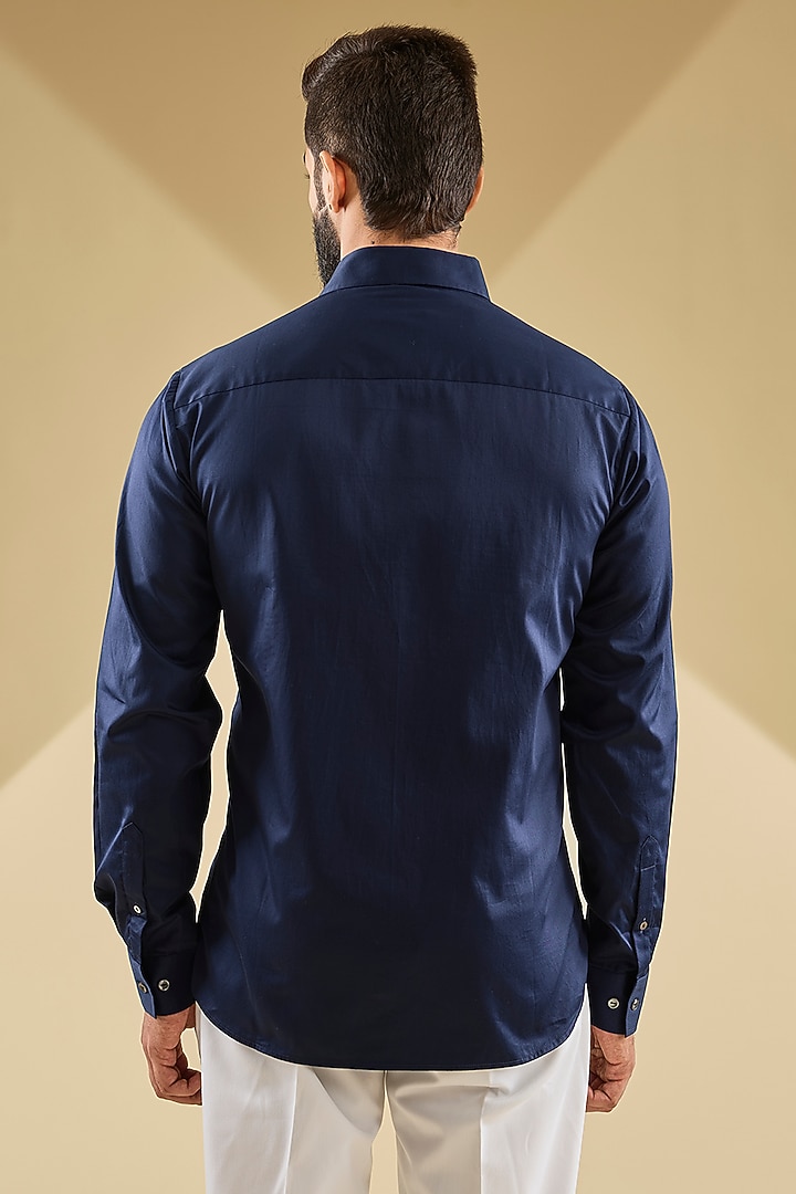 Navy cotton Satin Hand Embroidered Wedding Shirt by Countrymade at Pernia's Pop Up Shop